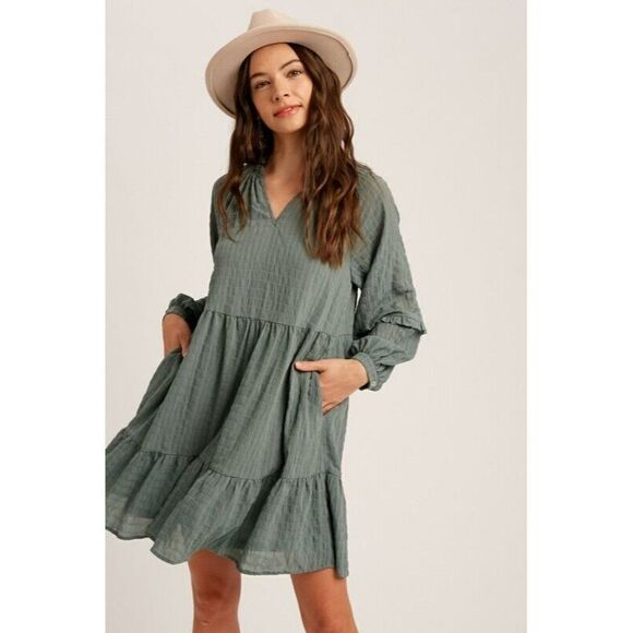 Listicle Dresses & Skirts - sale! Listicle Plaid Textured V-neck Accent Babydoll Dress Sage Green S-L LD0933
